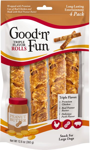 Good 'n' Fun Triple Flavor Peanut Butter Large Rolls Dog Rawhide Treat， 12.6-oz bag， 4 count