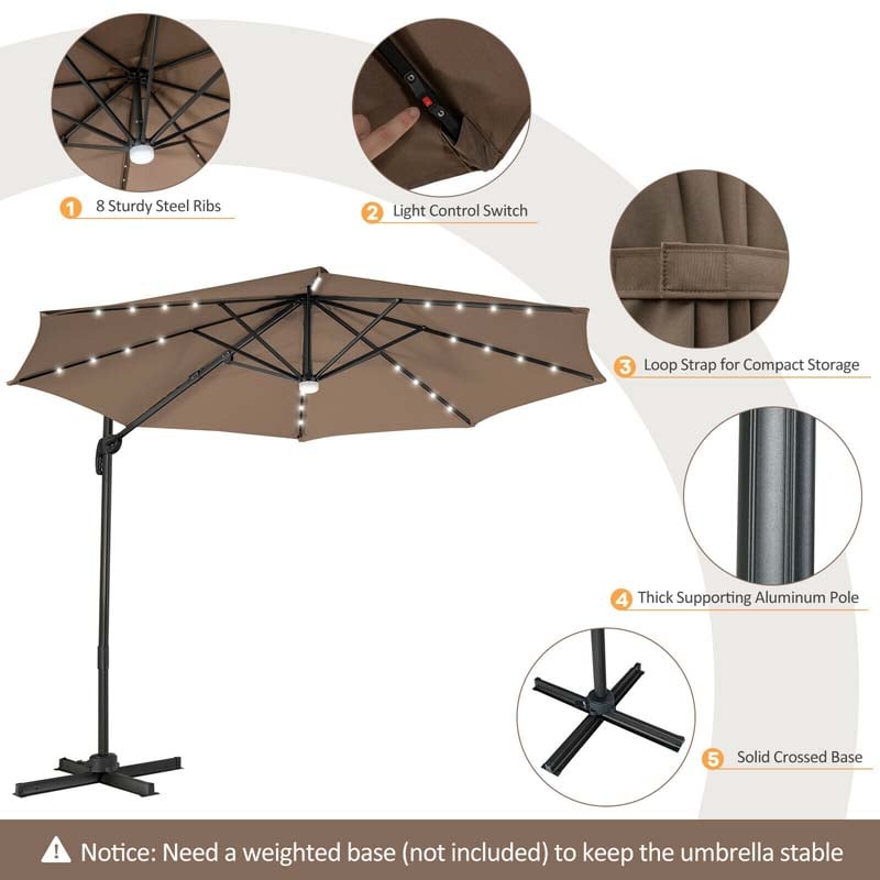 10 FT Cantilever Offset Patio Umbrella 28 Solar LED Lighted Market Umbrella with 3-Tilt Position, Crossed Base