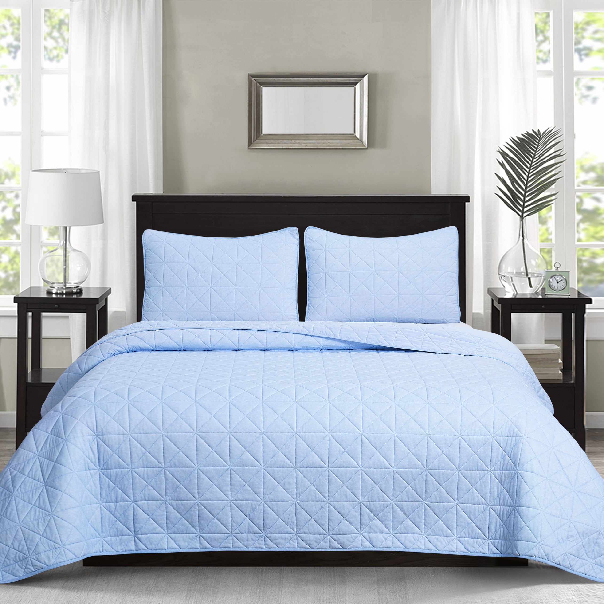 Chaps 3-Piece Jersey Knit Microfiber Quilt and Sham Set - Solid Coverlet Comforter - Blue - Size King 86 x 102