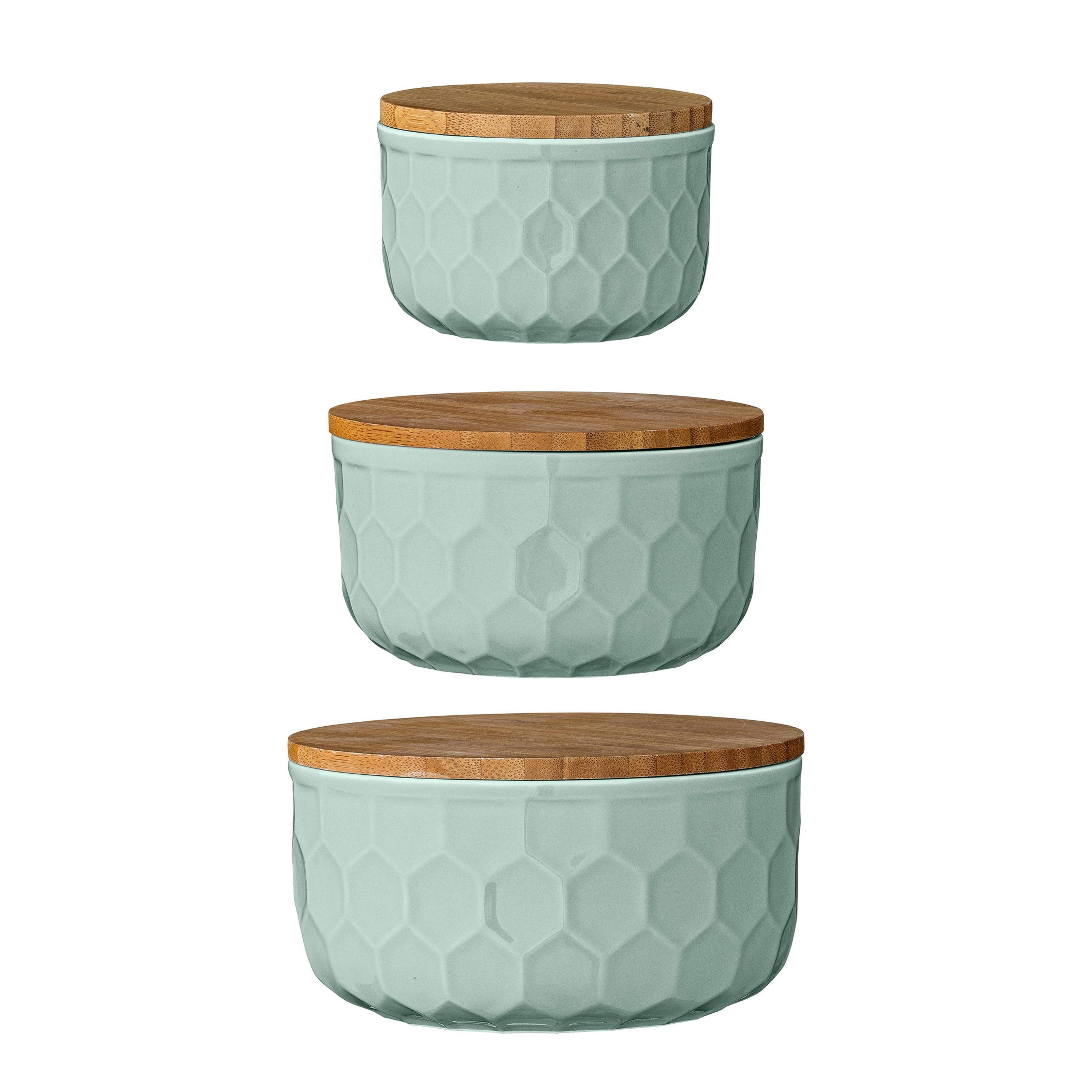 Desert Fields Round Mint Green Stoneware Bowls with Bamboo Lid， 6， Set of 3 Pieces