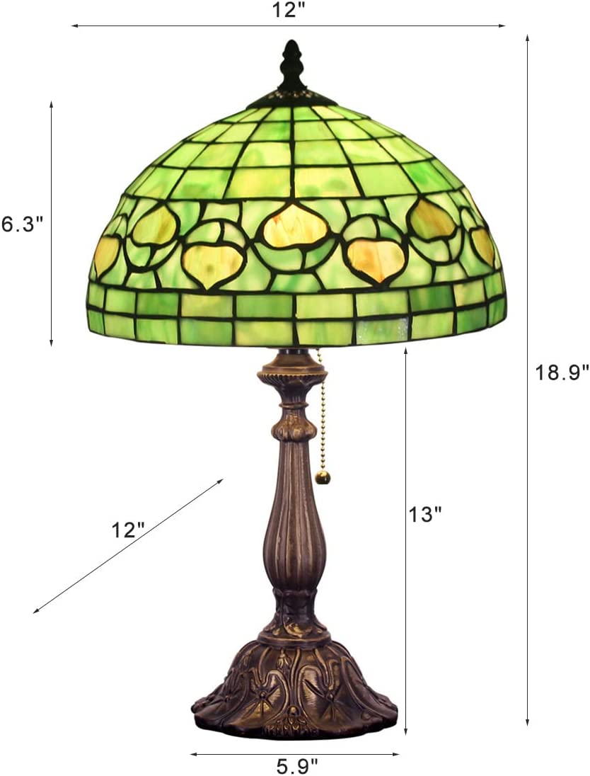 SHADY Tiffany Style Table Lamp W12H19 inch Green Stained Glass Antique Bedside Nightstand Desk Reading Lamp Work Study Desktop Light Decor Home Kids Bedroom Living Room Office Pull Chain