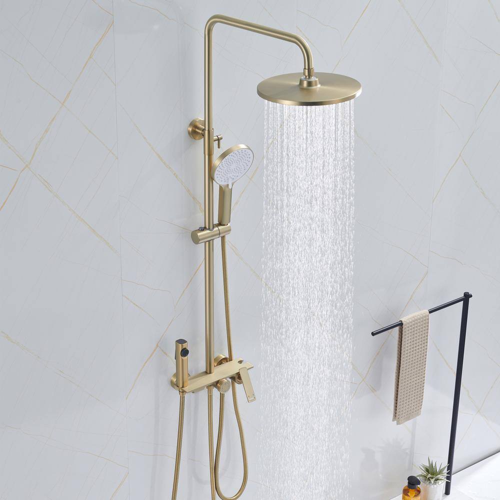 Tomfaucet 4-Spray Multi-Function Wall Bar Shower Kit with Tub Faucet and Spray Gun in Brushed Gold TFK0103