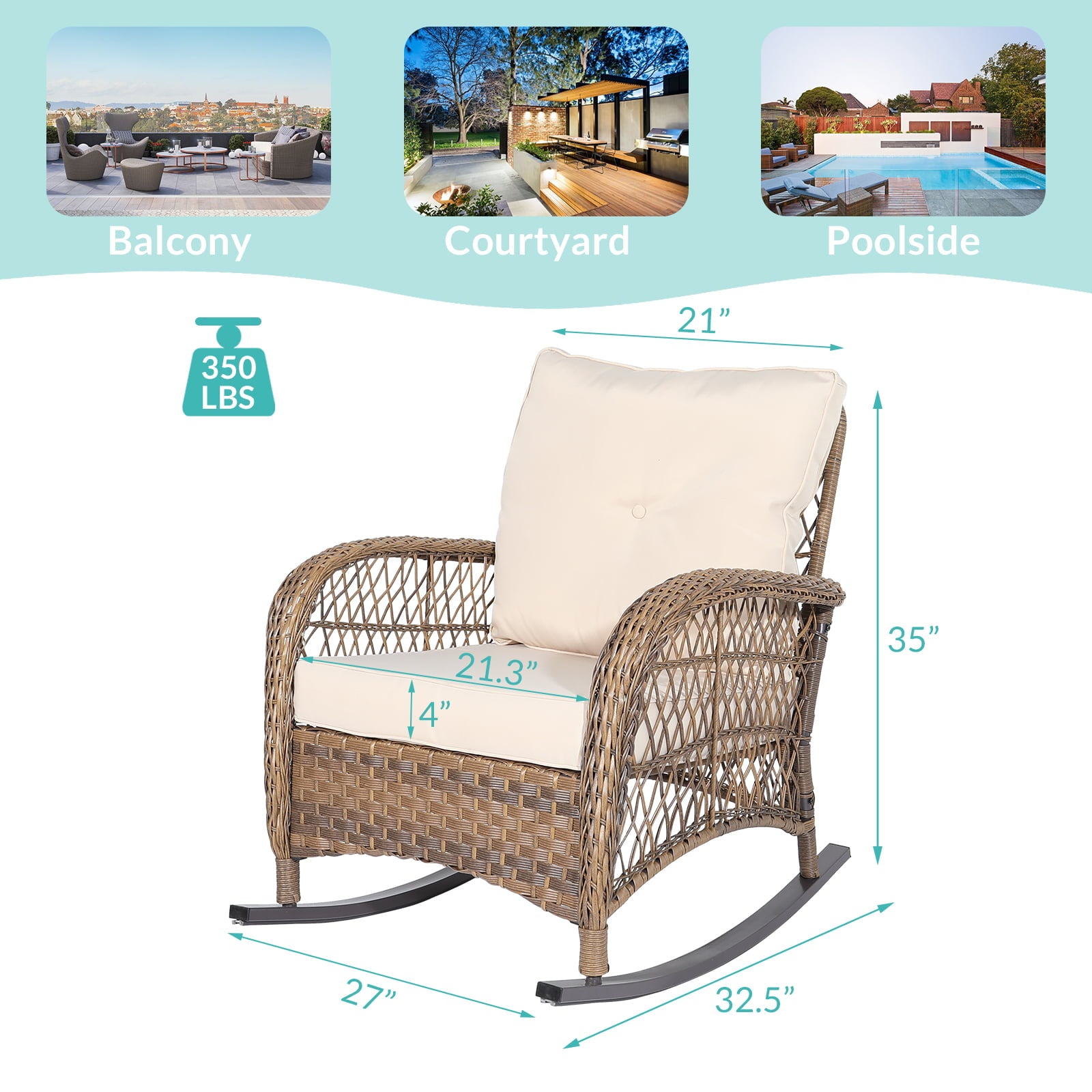 MEETWARM Outdoor Wicker Rocking Chair, Rattan Patio Rocker Chairs with Cushions and Steel Frame - Beige