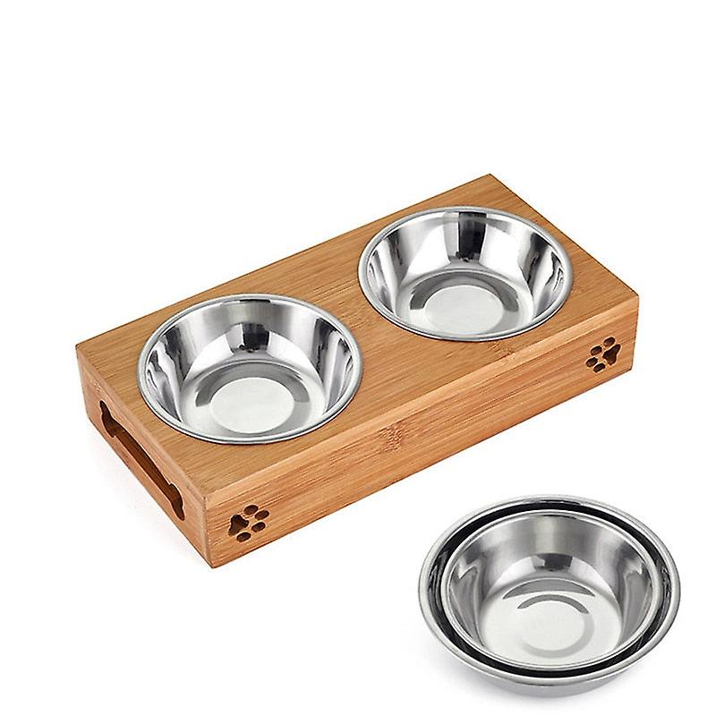 Anti slip bamboo stand dog double bowl