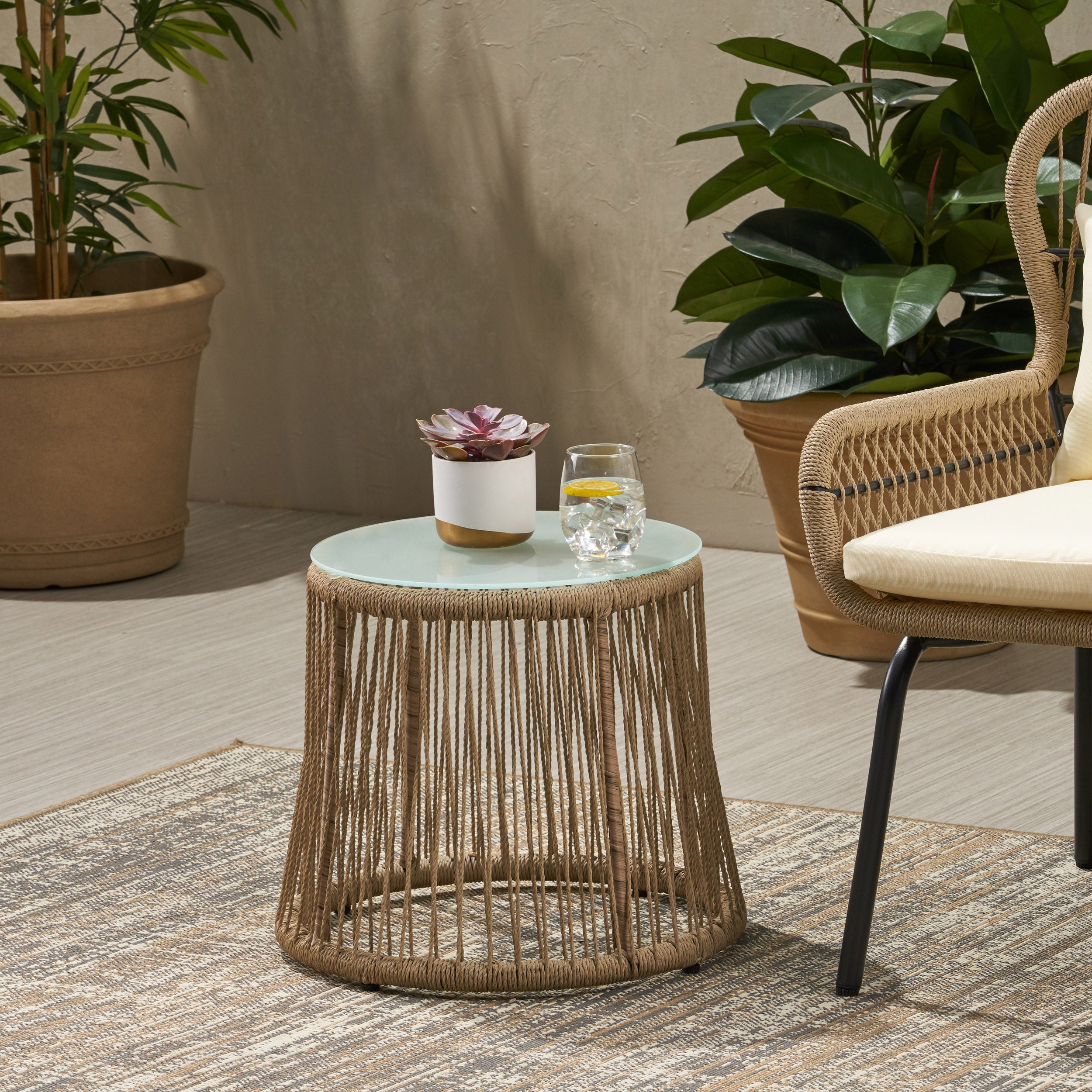 Karen Outdoor Side Table, Steel and Rope, Tempered Glass Table Top, Boho