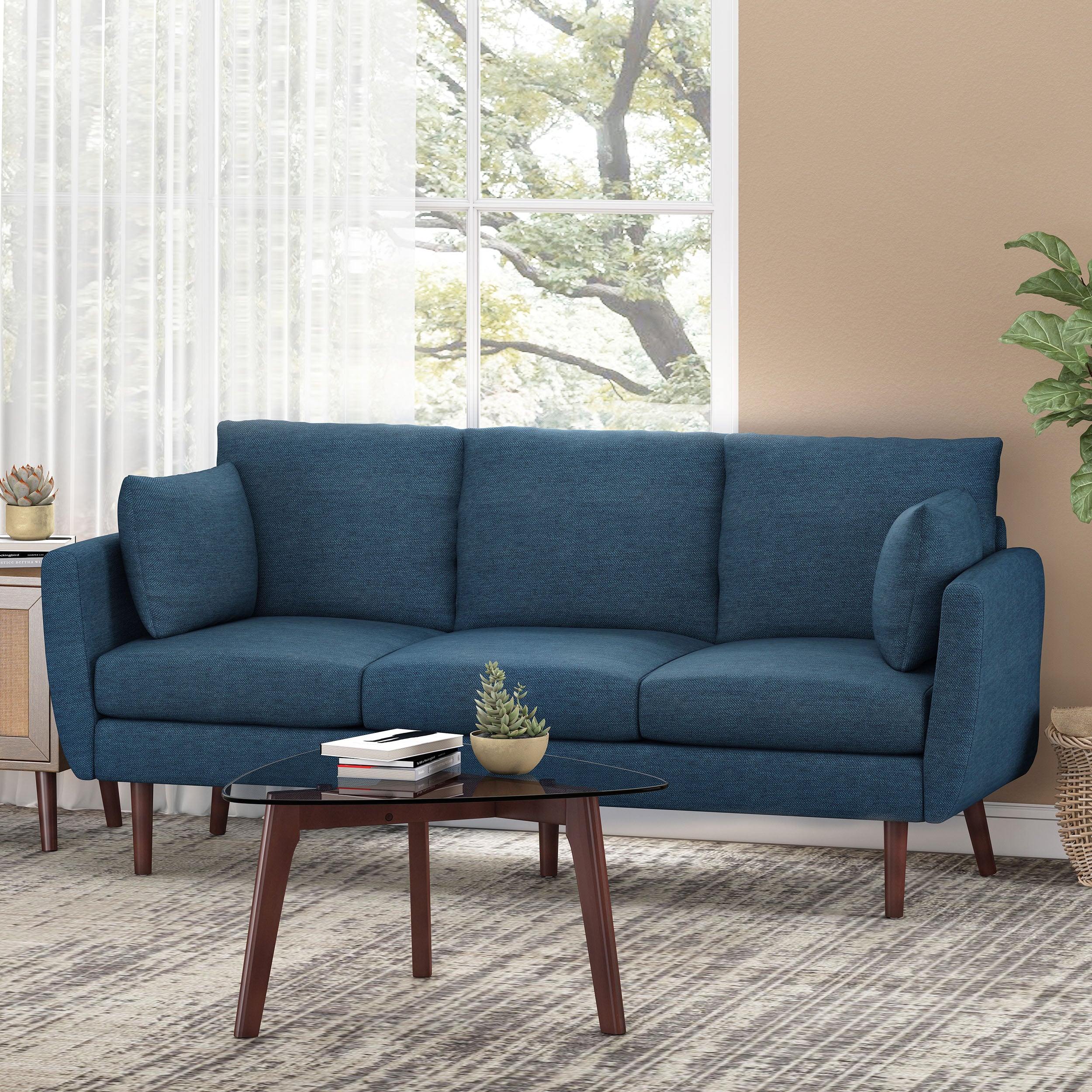 Noble House Marengo Sofa, Navy Blue and Walnut Fabric