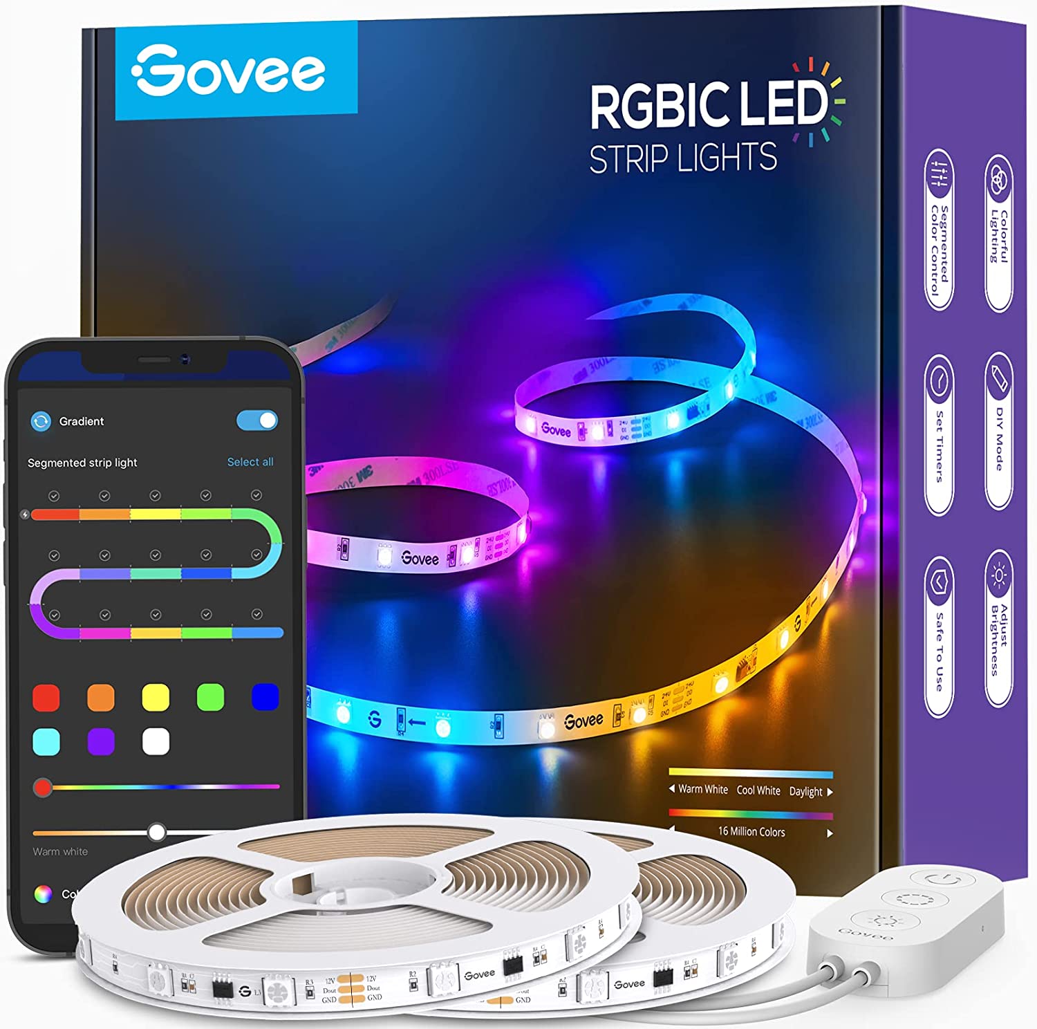 Govee 65.6ft RGBIC LED Strip Lights， Color Changing LED Strips， App Control via Bluetooth， Smart Segmented Control， Multiple Scenes， Enhanced Music Sync LED Lights for Bedroom， Party (2 X 32.8ft)Govee 65.6ft RGBIC LED Strip Lights， Color Changing LED Stri