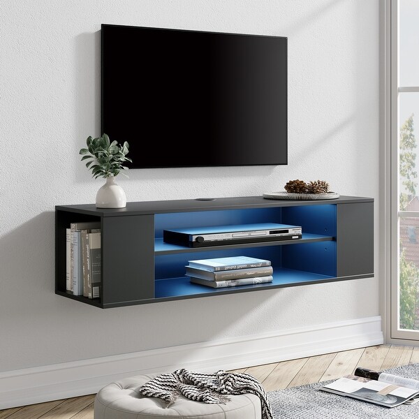 3-Tier Floating TV Stand with Adjustable Shelves for Living Room， Black