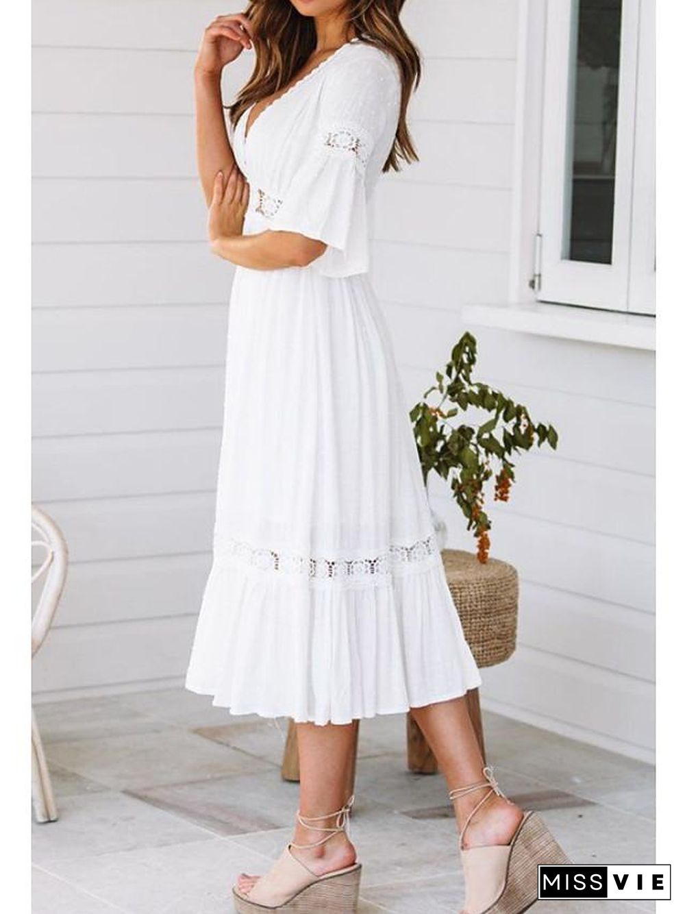 Women's Swing Dress Midi Dress - Half Sleeve Solid Colored Summer Spring & Summer V Neck Hot Beach vacation dresses Flare Cuff Sleeve White S M L XL / Sexy