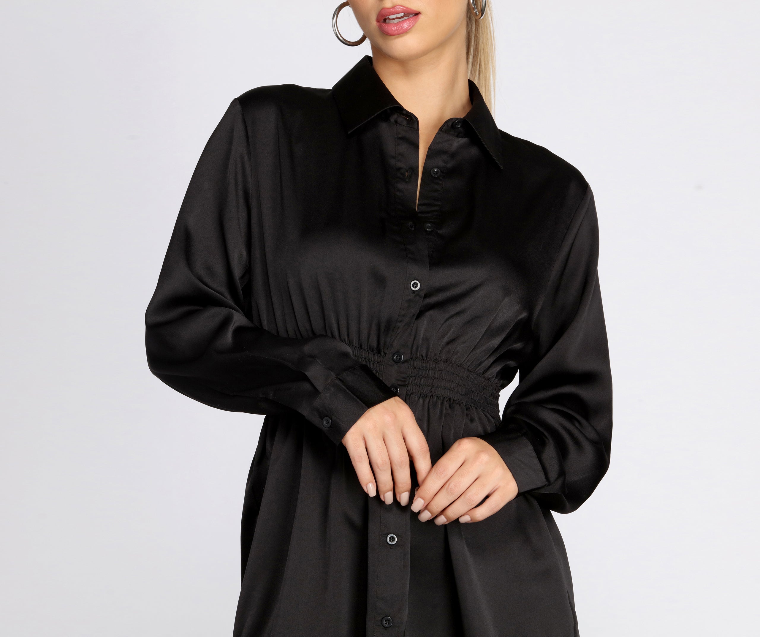 Sight In Satin Smocked Shirt Dress