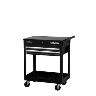 Husky 28 in. W x 16.3 in. D Standard Duty 2-Drawer Rolling Tool Utility Cart with Lift-Top in Gloss Black H2DMC