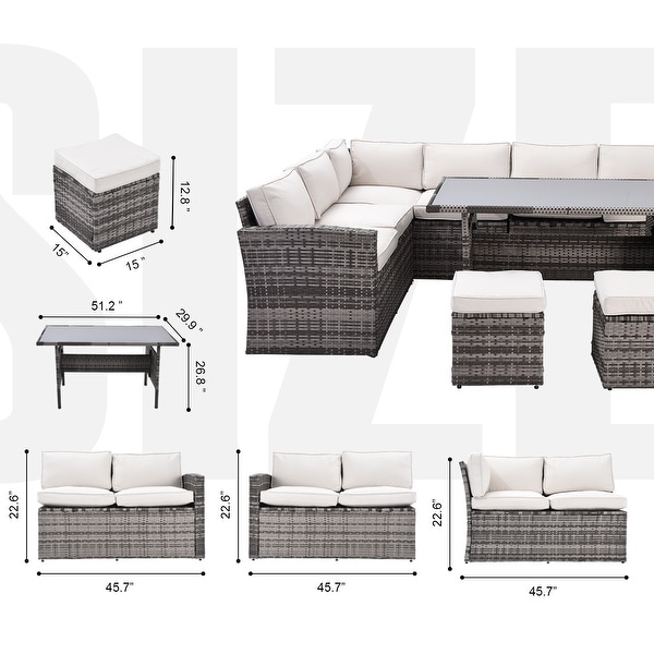 Patio Furniture Set，7 Pieces Sectional Conversation Sofa with Ottomans，All Weather，With Backrest and Removable Cushions