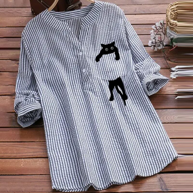 V-neck Cotton And Cat Print Long Sleeve Blouse