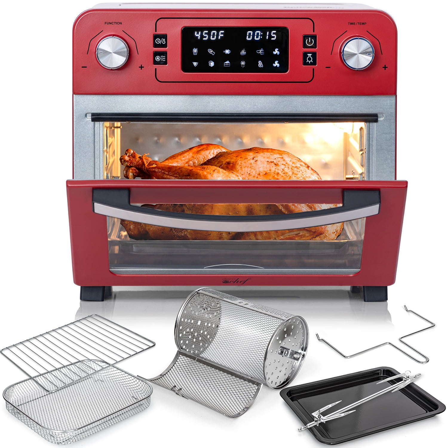 Deco Chef 24 QT Red Stainless Steel Countertop 1700 Watt Toaster Oven with Built-in Air Fryer and Included Rotisserie Assembly, Grill Rack, Frying Basket, and Baking Pan