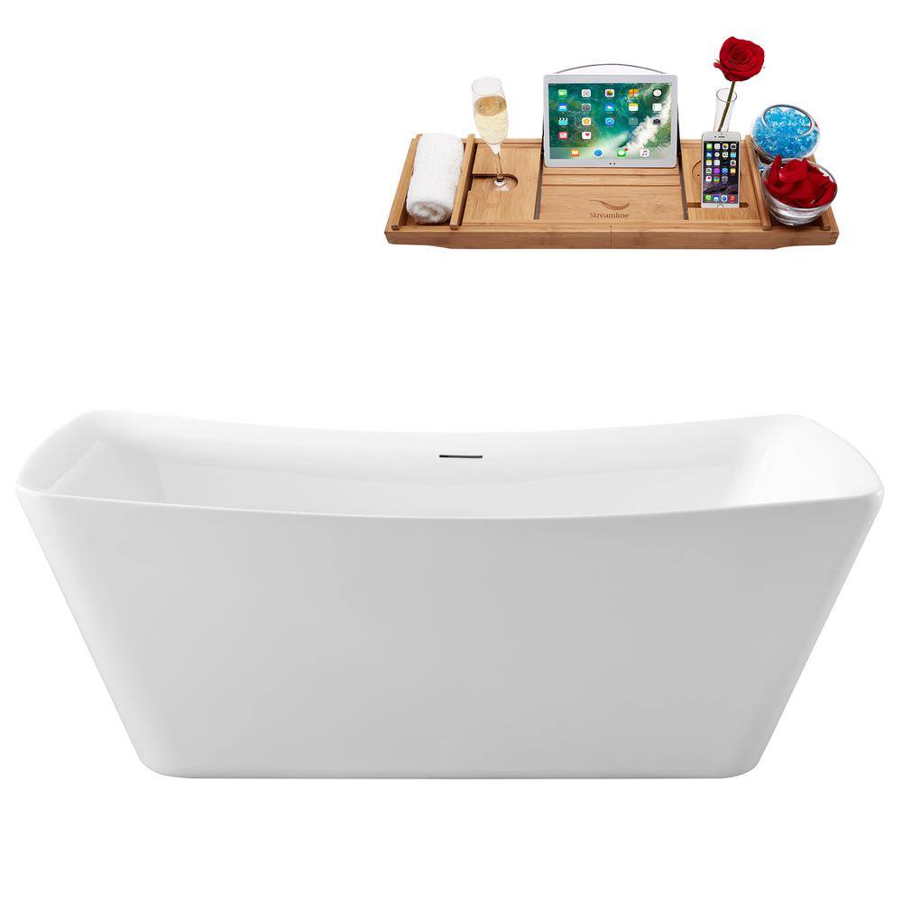 Streamline 62 in. Acrylic Flatbottom Freestanding Bathtub in Glossy White with Matte Black Drain N550BL