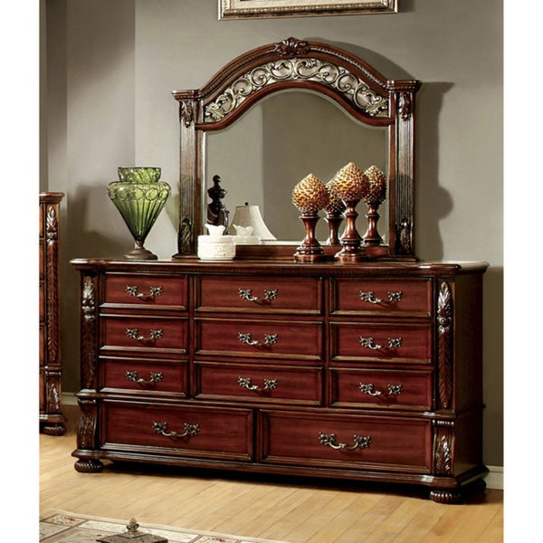 Furniture of America Ulis Cherry 2-piece Dresser and Mirror Set - - 10001168