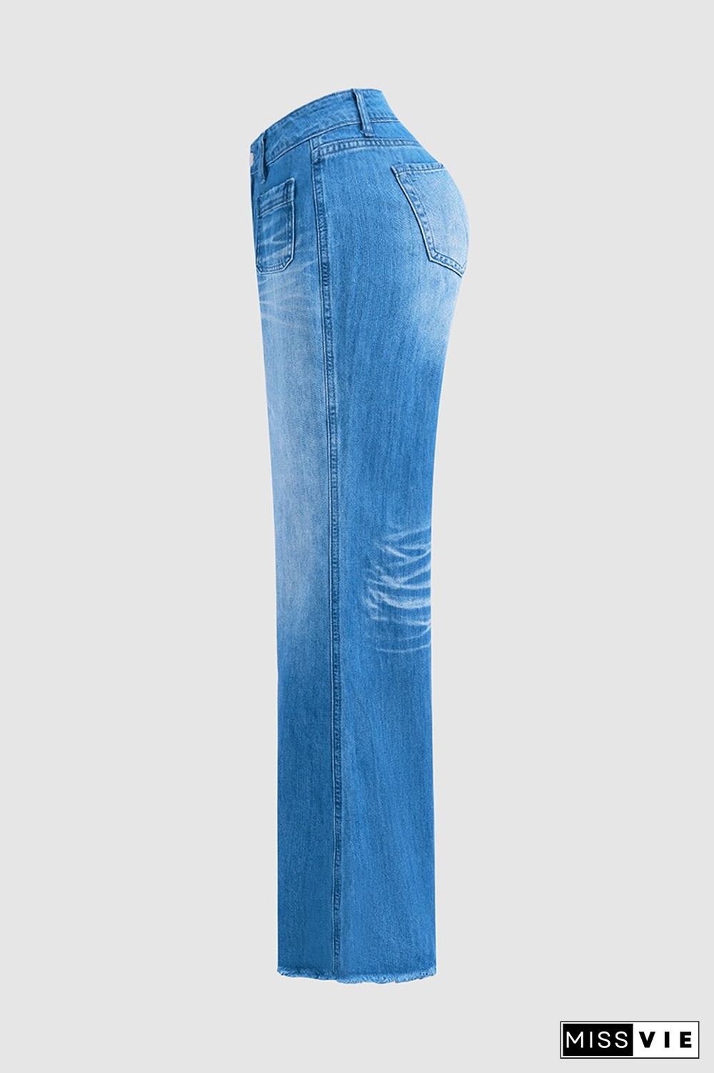 Patch Pocket Raw Hem Mid Rise Wide Leg Jeans