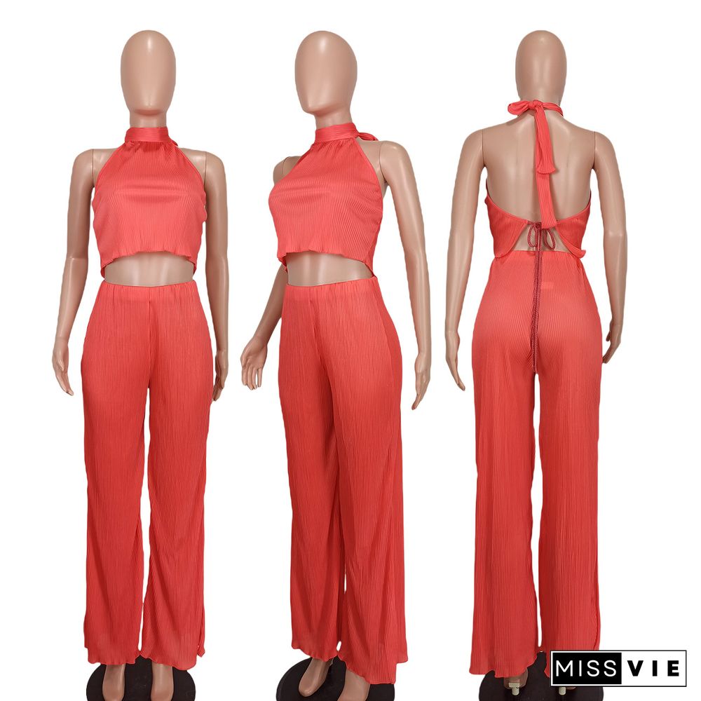 Halter Backless Crop Tops Wide Leg Pants Set