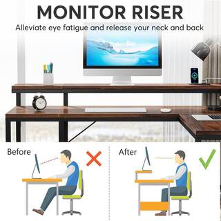 Perry 78.7 in. L Shaped Rustic Brown Wood Computer Desk with Power Outlets Monitor Stand and Storage Shelves HD-YU220389