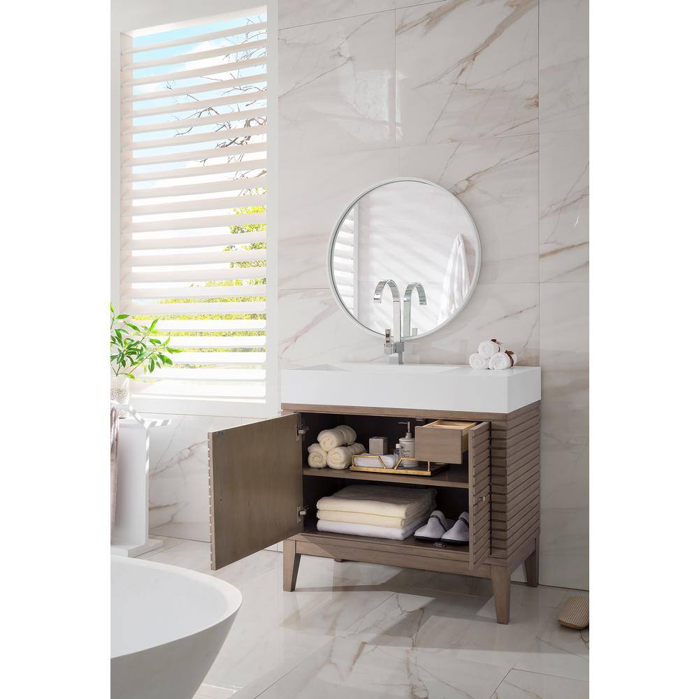 James Martin Vanities Linear 35.5 in. W x 19 in.D x 34.5 in. H Single Bath Vanity in Whitewashed Walnut with Solid Surface Glossy White Top 210-V36-WW-GW