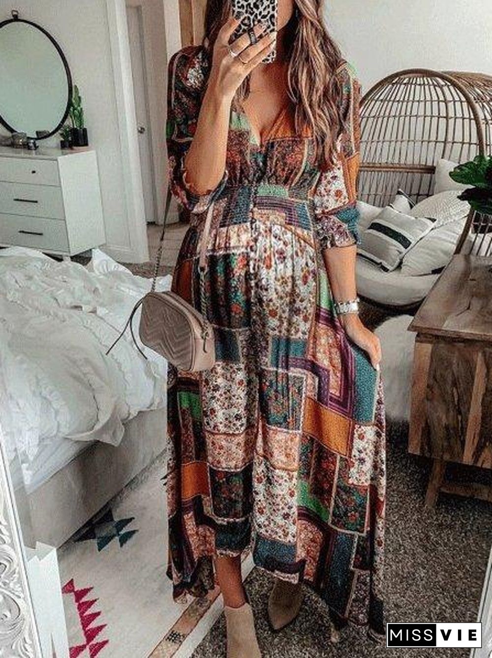 Bohemian Print V-Neck Long Sleeve Dress