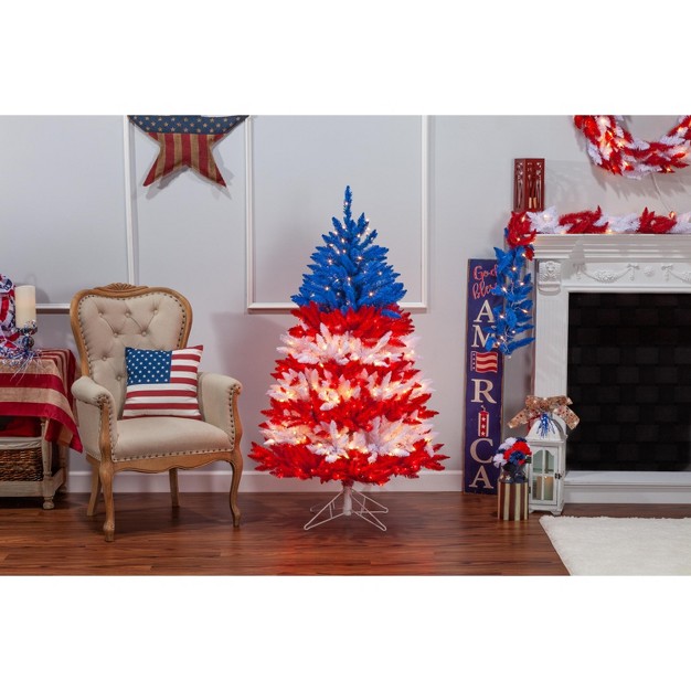 Sterling 5-foot Patriotic American Tree In Red， White And Blue With 495 Clear/red Lights And 5 Twinkle Lights On Top Section