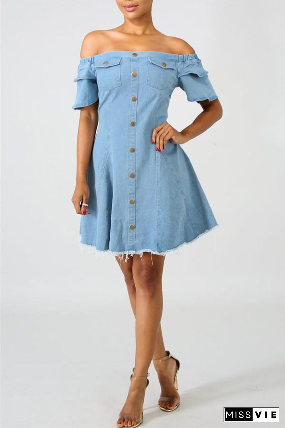 Off the Shoulder Ruffle Sleeve Denim Dress