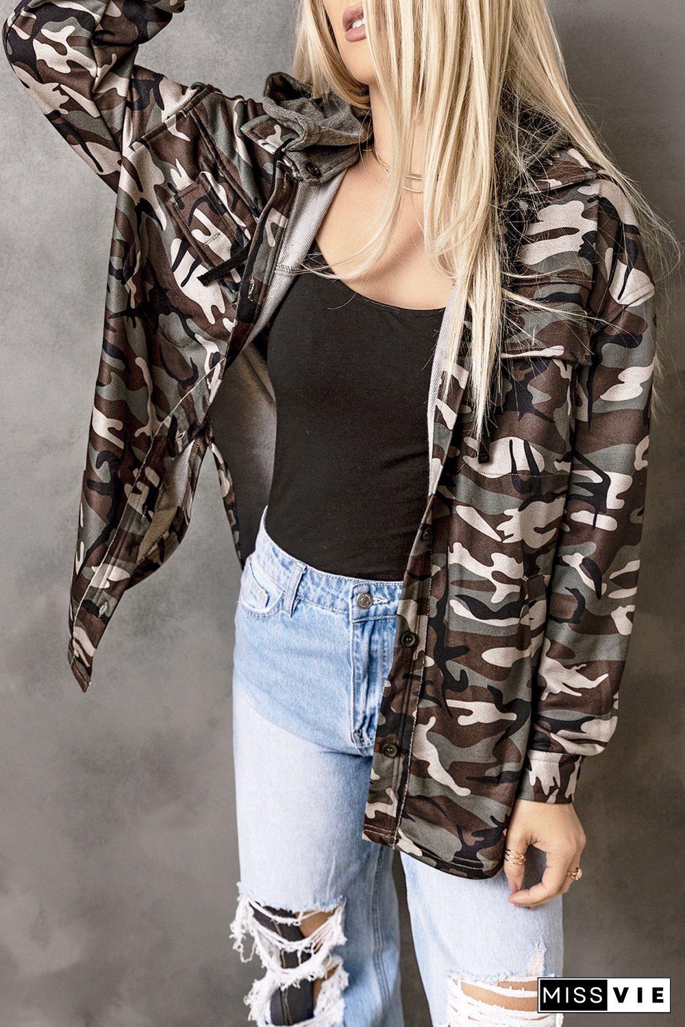 Green Camo Print Button up Hooded Jacket