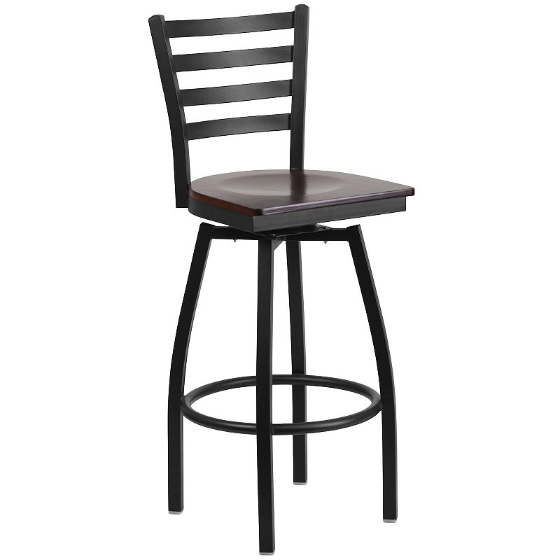 Emma and Oliver Black Metal Ladder Back Swivel Barstool， Cherry Wood Seat