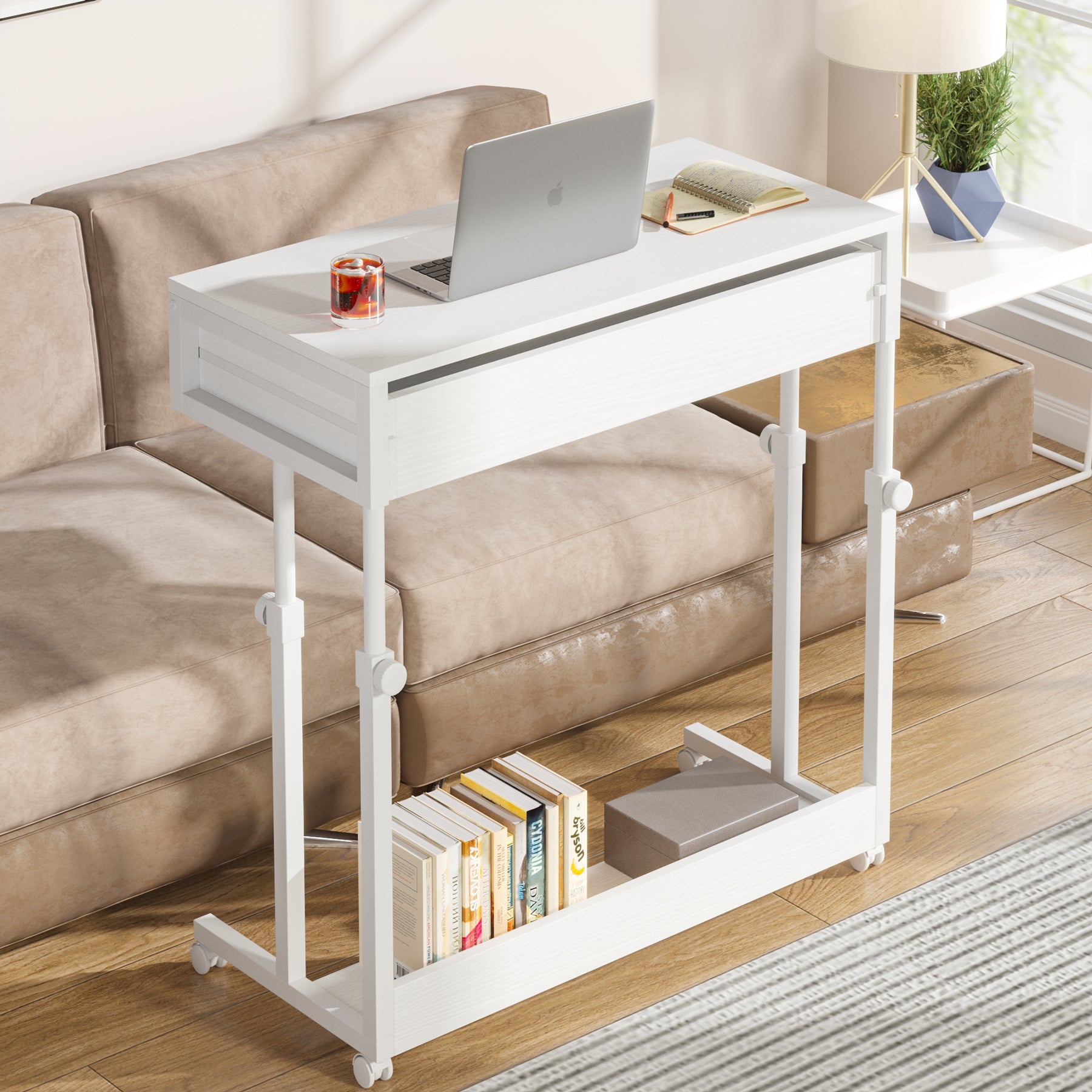 Height Adjustable Desk, Mobile Side Table Portable Desk with Drawers