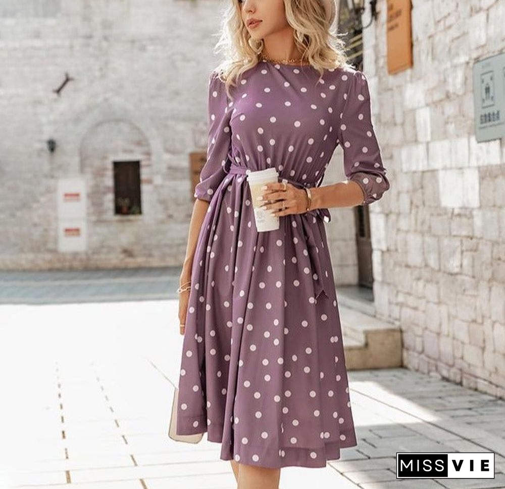 Elegant A-line polka dot women dress autumn Office lady o-neck belt women midi dresses Half sleeve female purple vestido