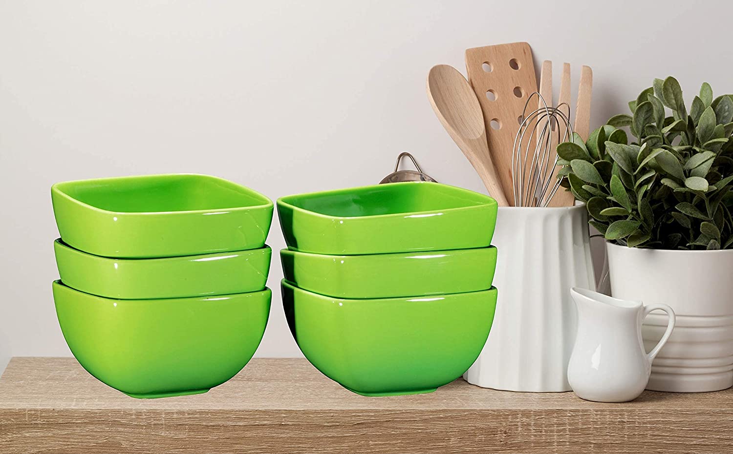 Large Ceramic Square Bowl Set - 26 Ounce for Pasta， Cereal， Soup and Berries - Set of 6 (Gradient Green)