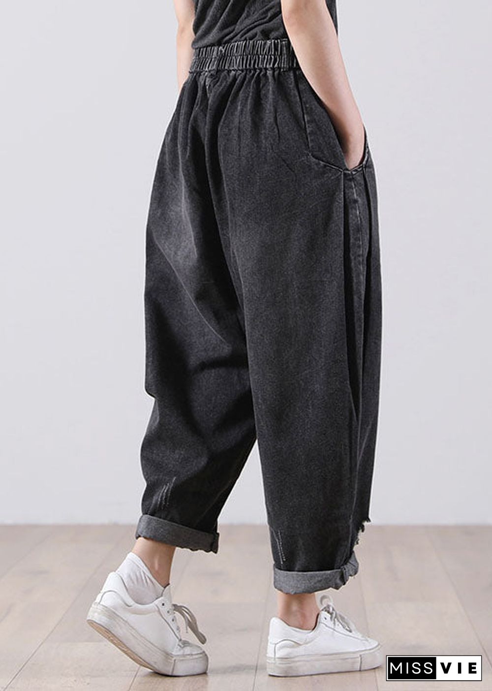 Black Pockets Cotton Denim Harem Pants High Waist Hole Fall