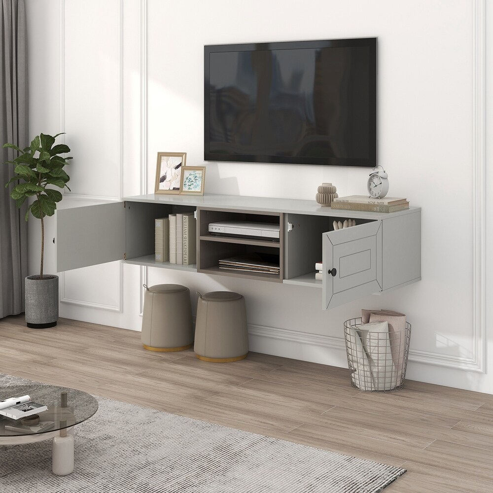 Wall Mounted Floating TV Stand with Large Storage Space and 3 Shelves