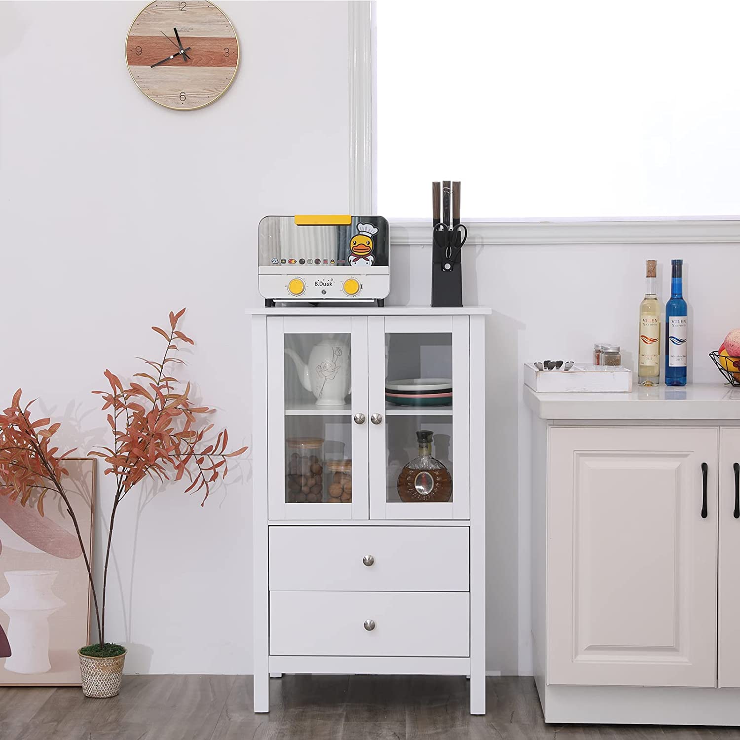 Yoleny Storage Cabinet， 2 Drawers，Transparent Glass Doors， White Wood Sideboard with Shelves for Kitchen Dining Room Furniture