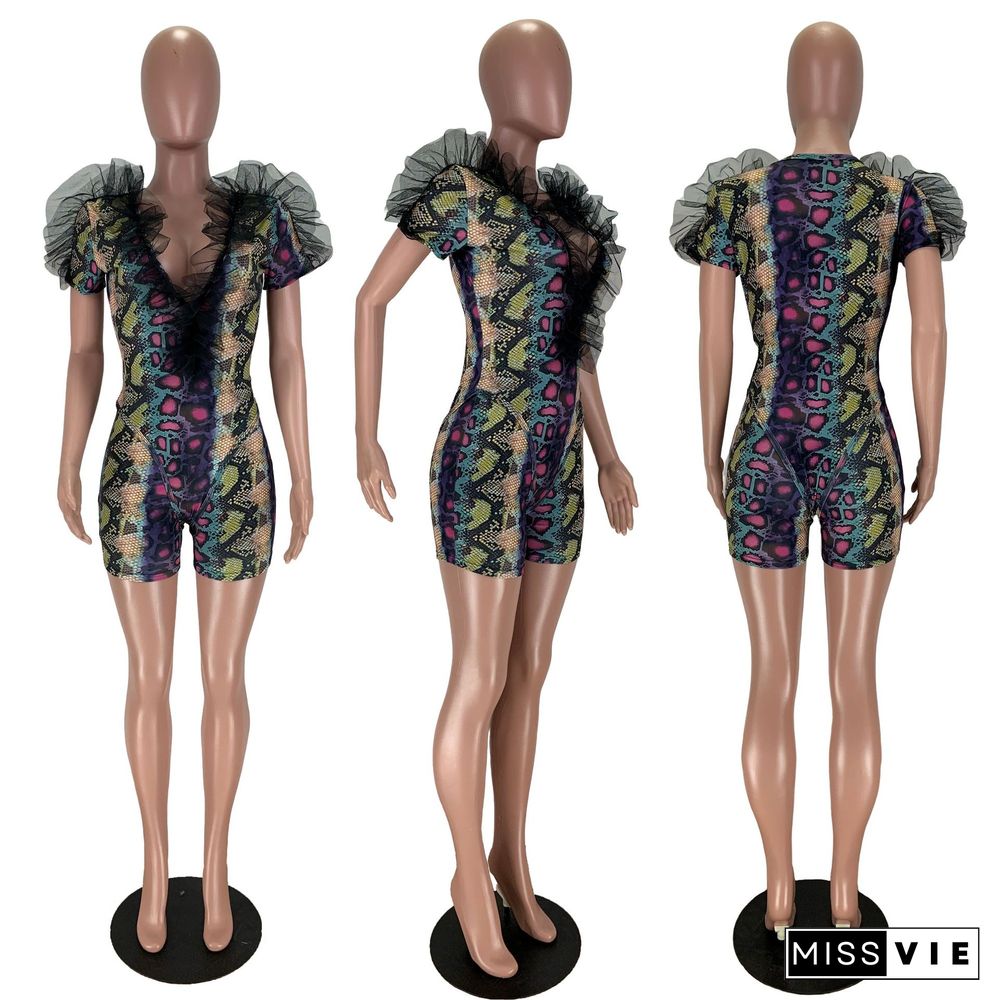 Sexy Snake Printed Mesh Splicing Deep V Jumpsuits