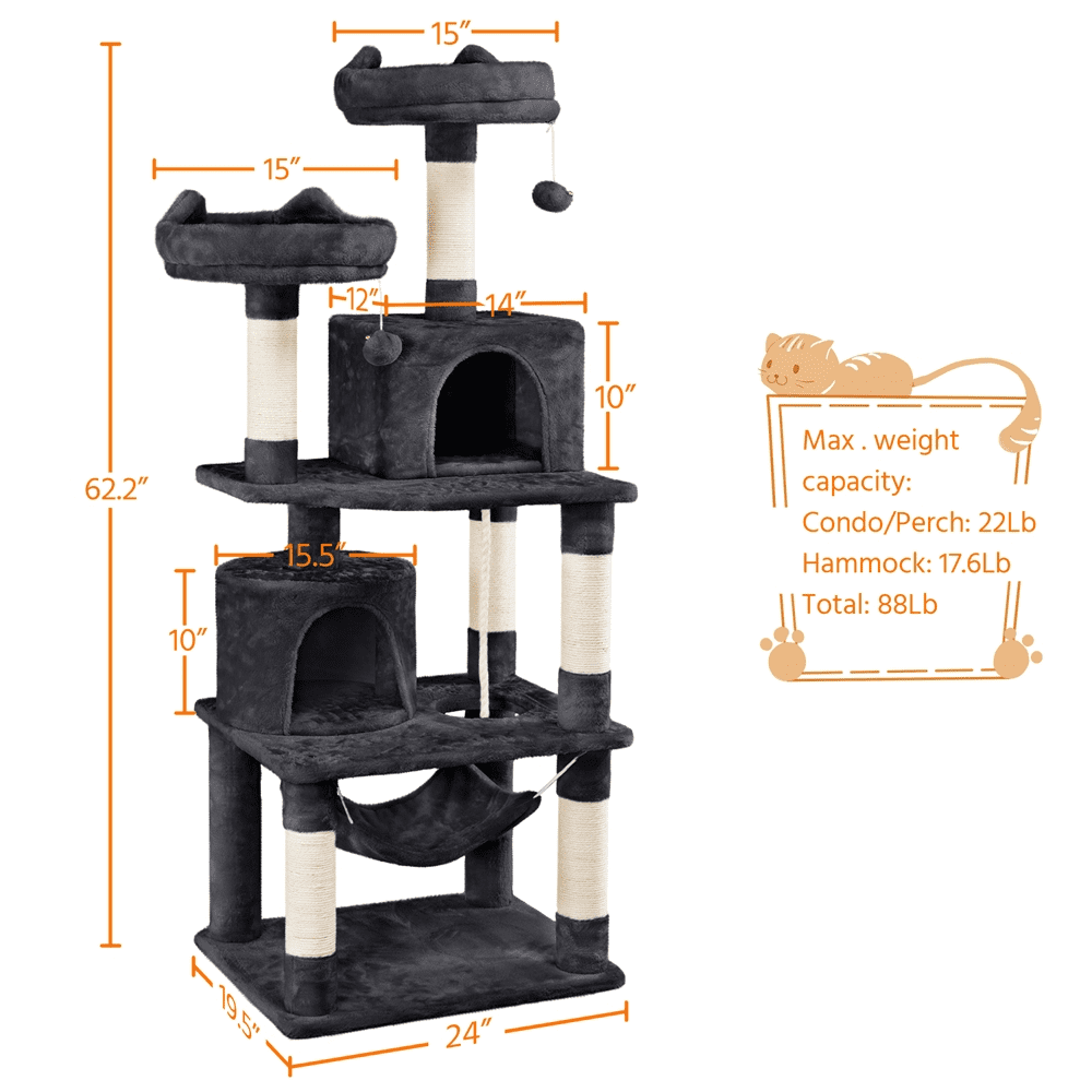 SMILE MART 62.2" Double Condos Cat Tree and Scratching Post Tower, Black