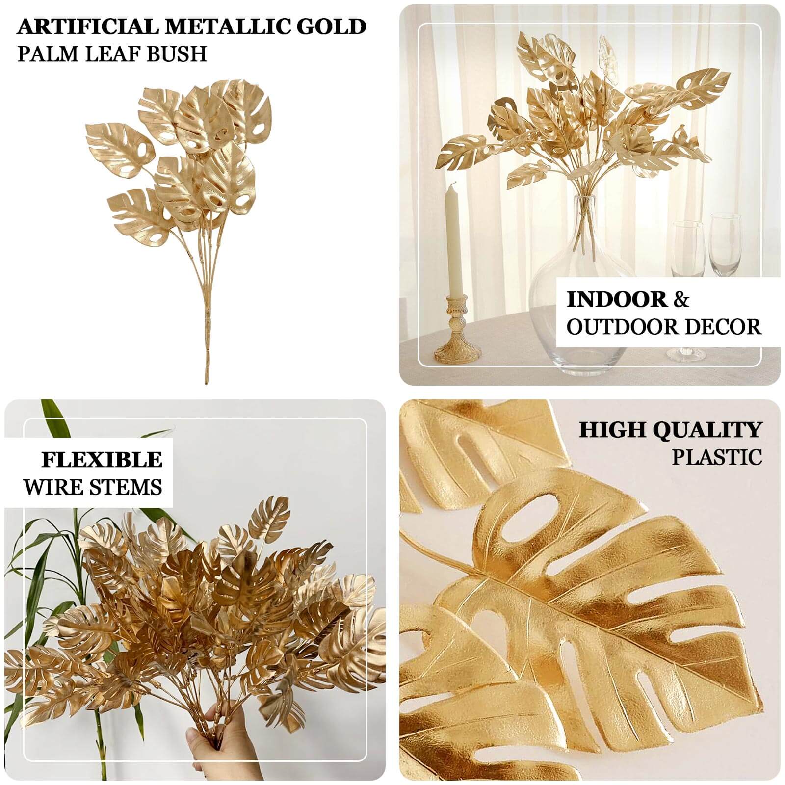 4 Pack Metallic Gold Artificial Monstera Leaves Bushes, Tropical Palm Leaf Bunches Vase Fillers - 14