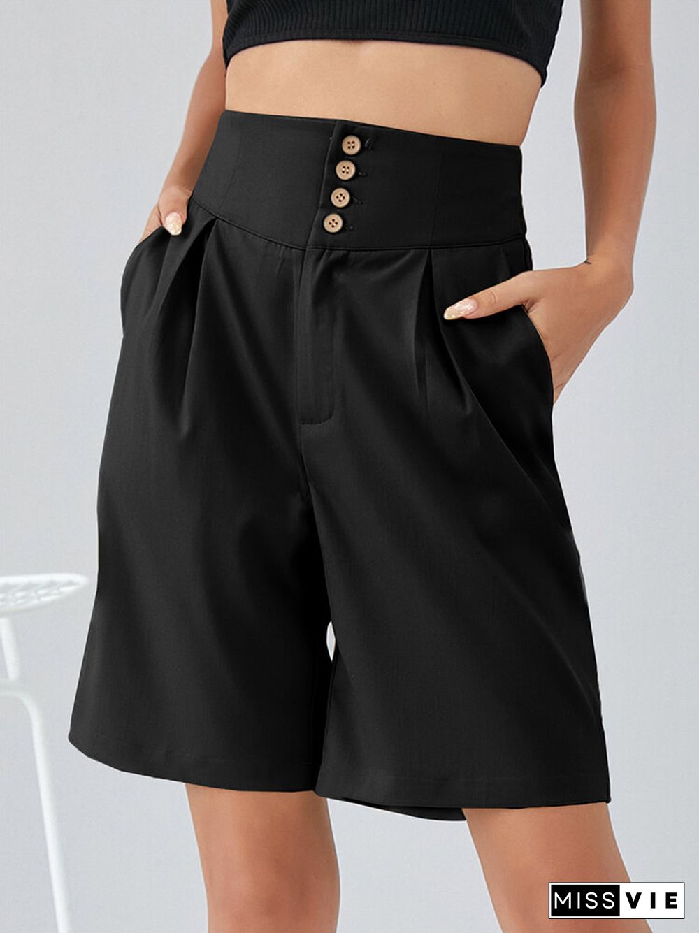 Plain Button Front High Waist Bermuda Shorts with Pocket