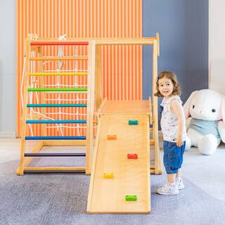 TIRAMISUBEST Solid Wood 7-in-1 Indoor Climber with Slide and Swing for Kids from 18 months to 10 years old W679XYS00027