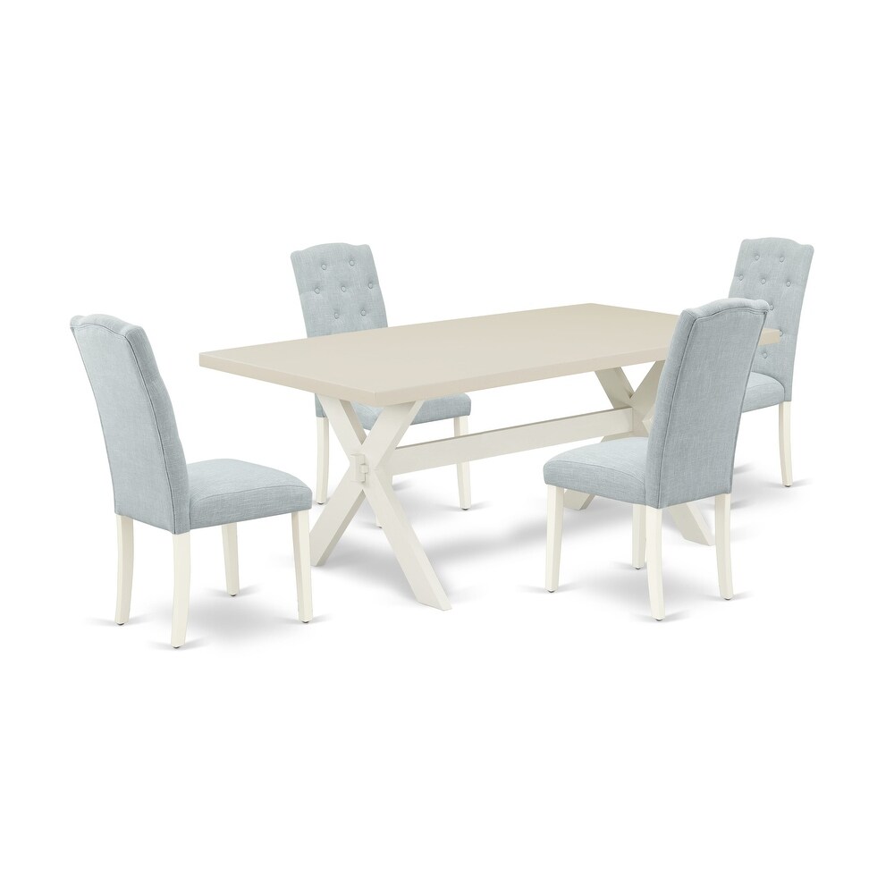 East West Furniture Table Set  a Table with X Legs and Baby Blue Linen Fabric Upholstered Chairs  Off White(Pieces Options)