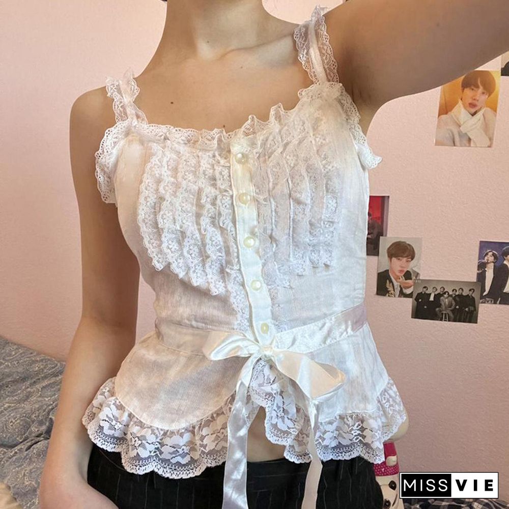 Goth Harajuku Kwaii Lace Basic Camis Pastel Gothic Sweet Bows White Tight Crop Tops Lolita Ruffles Women Coquette Aesthetic