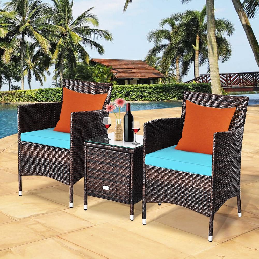 Gymax 3-Pieces Patio Outdoor Rattan Wicker Furniture Set with Coffee Table Turquoise Cushioned Chairs GYM04601