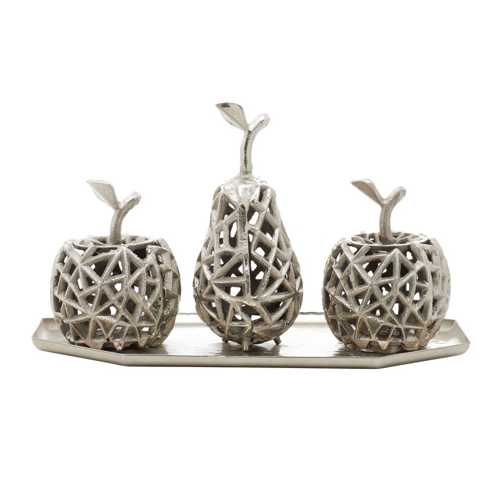 Silver Aluminum Decorative Cut Out Fruit Sculpture with Platter   14 x 8 x 8