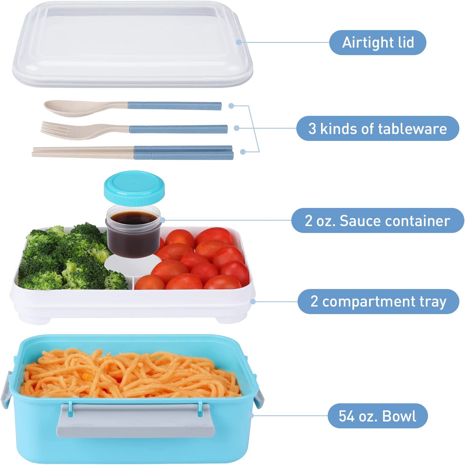 DANIA and DEAN Lunch Container Bento Box， Large 54-oz Salad Bowl lunch box containers， Container to Go for Adult/Kid， BPA-Free (Blue)