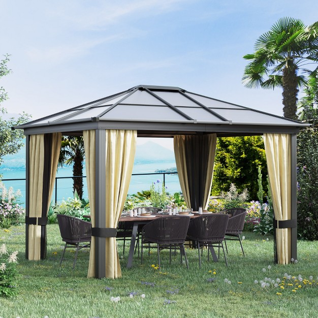 Outsunny 10x12 Polycarbonate Hardtop Gazebo Gazebo Canopy With Aluminum Frame Curtains And Netting For Garden Patio Backyard Beige