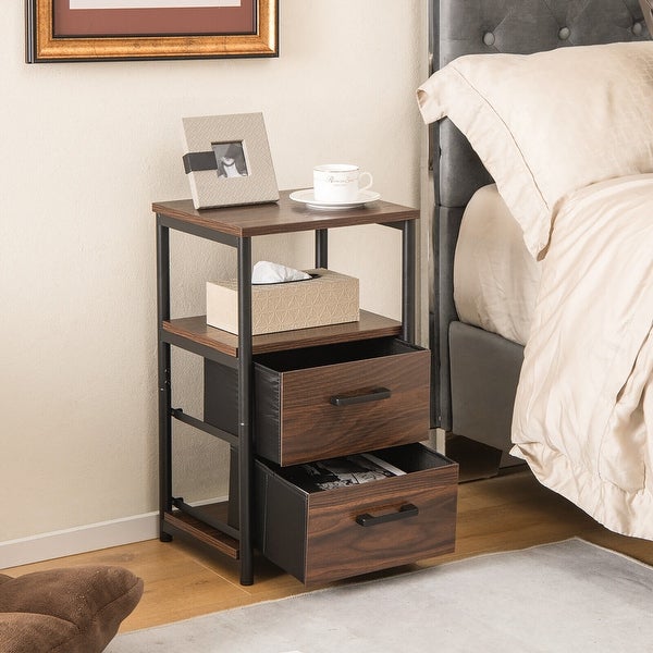 Gymax Nightstand Bedside End Table with 2 Fabric Drawers Storage Shelf