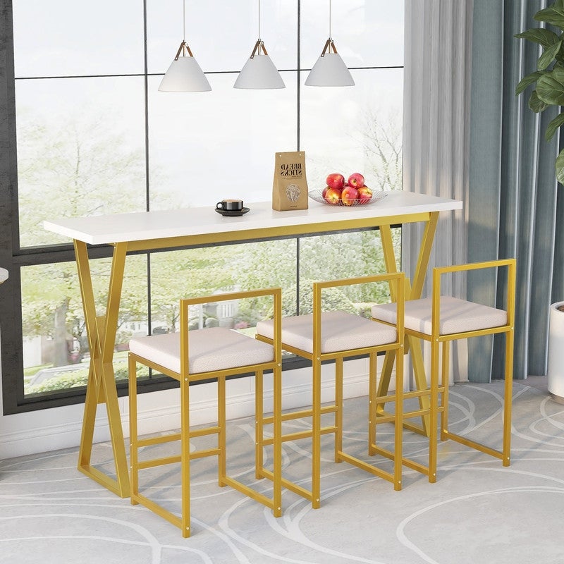 4 piece counter height bar table and chairs， modern style gold dining table set with 3 cushion stools