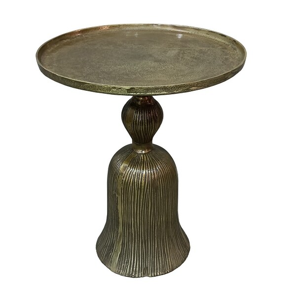 23 Inch Classic Vintage Accent Side Table， Round Tray Top， Aluminum， Pedestal Base， Ridges， Antique Brass