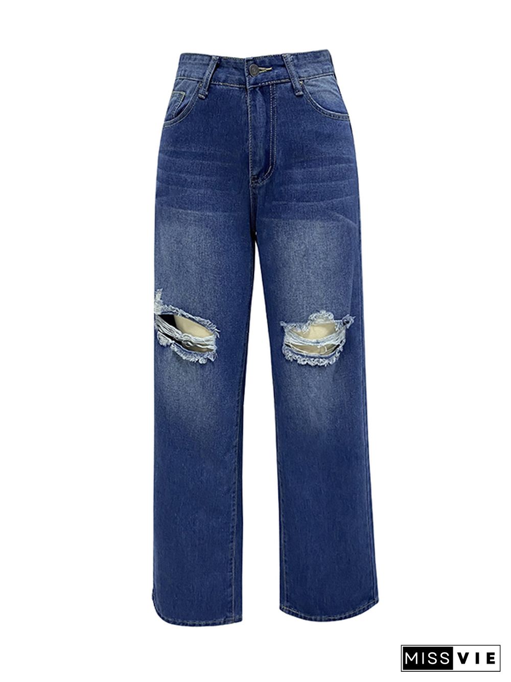 Loose Straight Leg Ripped Jean Pants Bottoms